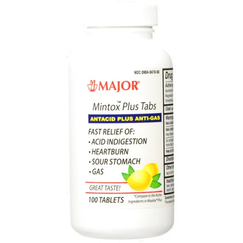 MAJOR Mintox Plus Antacid Anti-Gas Generic for Maalox Plus Chewable Tablets Lemon Flavor 100 Tablets Per Bottle For For Fast Relief of Acid Indigestion Heartburn Sour Stomach Gas and Bloating