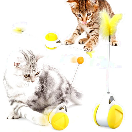 Cazkal Interactive Cat Chasing Toys for Indoor Cats, Kitten Chaser Toys with Catnip Ball Feather, Tumbler Balanced Exercise Wheel Toy for Cats Kitten Chasing Hunting Playing (Yellow)
