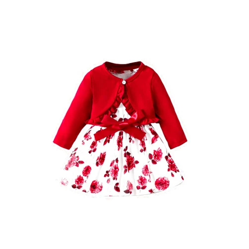 ChuYuKu Baby Girl Outfits, 2pcs Clothing Set for 6-24 Months Toddler Girl Floral Print Dress & Red Cardigan, Christmas Gift