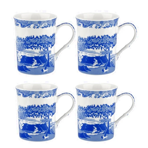 Portmeirion Spode Blue Italian 12oz Porcelain Mug, Set of 4 - Compact Hot Beverage Cups with Ornamental Scenic Pattern & Glazed Finish - Elegant Ceramic Drinkware for Tea, Coffee, Brunch Serving