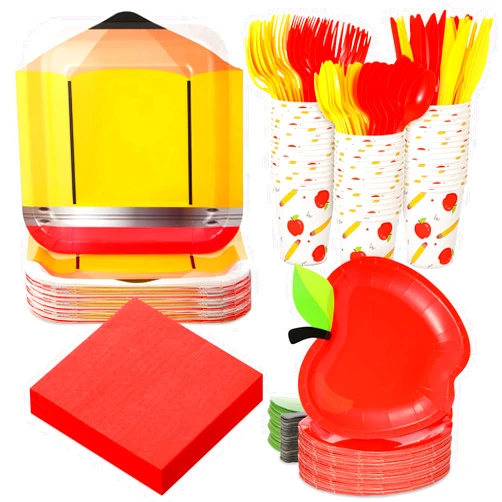 Zubebe 120 Pcs Back to School Paper Plates and Napkins Cups 24 Guests First Day of School Disposable Plates Supplies School Season Table Decorations for Kindergarten Graduation Party (Apple,pencil)