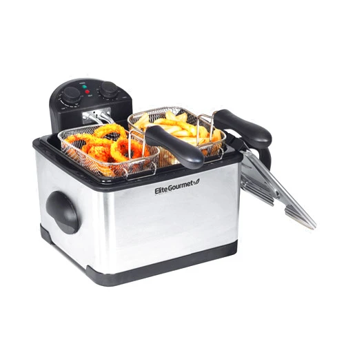 Elite Gourmet EDF-401T Electric Immersion Deep Fryer 3-Baskets, 1700-Watt, Timer Control, Adjustable Temperature, Lid with Viewing Window and Odor Free Filter, Stainless Steel and Black