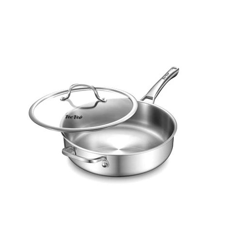 VocVoi Stainless Steel Pan with Lid, 6 QT Stainless Steel Saute Pan, 12 Inch Frying Pan, PFOA & PTFE Free, Tri-Ply Skillet, Stainless Steel Pot, Dishwasher & Oven Safe, Works on All Cooktops