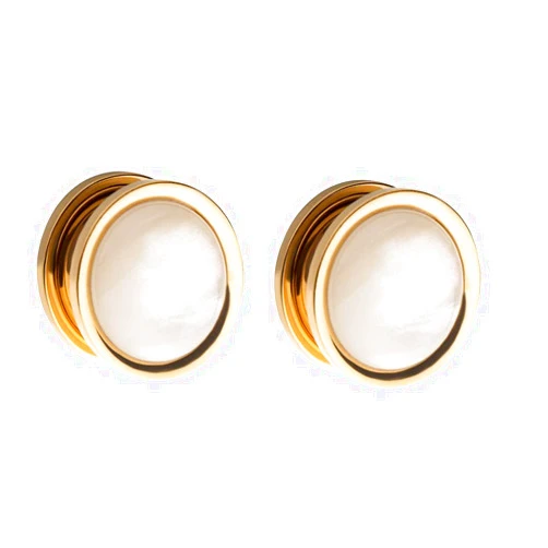 Pierced Owl - Golden Rim with Large White Synthetic Pearl Stone Screw Fit Plug Gauges, Sold as a Pair