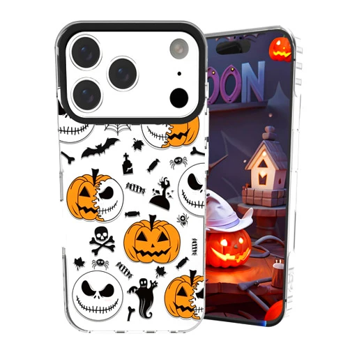 GUESNUY Halloween Phone Case for iPhone 17 Pro,Clear TPU Shockproof Protection Bumper,Anti-Scratch,with Funny Pumpkin Ghost Bones Bat Halloween Print