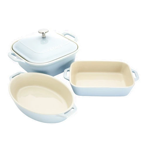 Staub Ceramic 4-pc Baking Pans Set, Casserole Dish with Lid, Brownie Pan, Light Blue