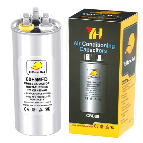 HVAC YELLOW HAT Capacitor for Air Conditioner 60+5 uf MFD 370 or 440 Volt VAC, Multi-Purpose Round Capacitor for AC Motor Run or Fan Motor Start or Condenser Straight