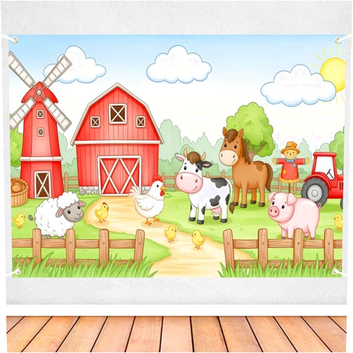 Celchvens Farm Animal Birthday Backdrop 7x5ft, Red Barnyard Theme Party Banner with Cow Pig Horse Chicken Sign for Boys Girls Baby Shower, Farm Animal Birthday Decorations Photo Booth Background