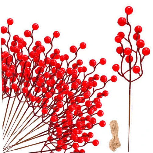 Hiagkmet 24 Pack Artificial Red Berry Stems Picks,9.4 Inch Christmas Red Berry Picks Holly Berries Branches Christmas Tree Picks for Christmas Tree Decorations DIY Crafts Holiday Winter Home Decor