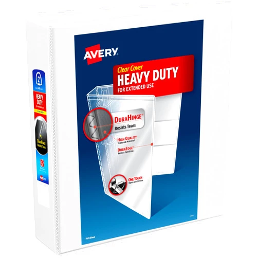 Avery Heavy-Duty View 3 Ring Binder, 2 Inch One Touch EZD Rings, 540-Sheet Capacity, 2.8 Inch Wide Spine, Customizable Clear Cover and Spine, 1 White Binder (79192)