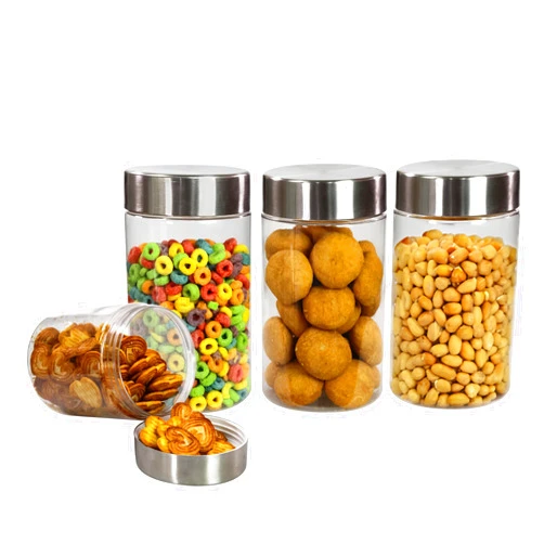 PEARLPET Transparent Plus Jar Container for Kitchen Storage Set with Stainless Steel Matt Finish Cap, 1400 ML Set of 4 Pieces