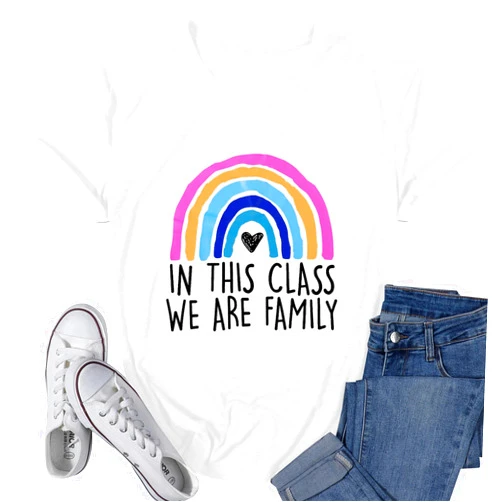 LOTUCY Teacher Shirts for Women Cut Rainbow in This Class We are Family Graphic Tee Teachers Gift Teach Inspire T-Shirt