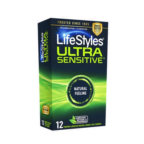 LifeStyles Ultra Sensitive Natural Feeling Lubricated Latex Condoms, 12 Count (Packaging May Vary)