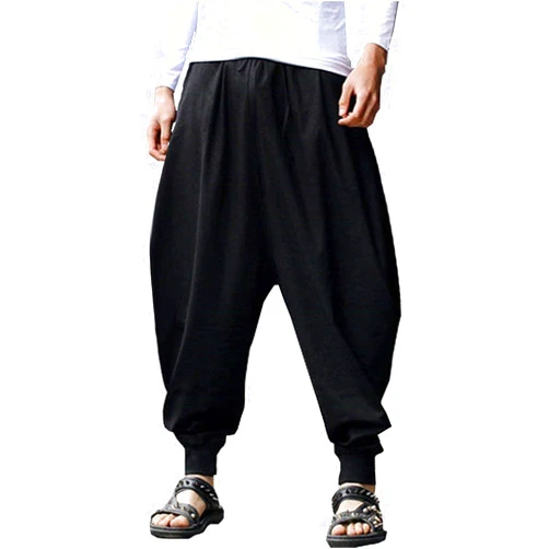 PACEIADTA Mens Casual Harem Pants Baggy Aladdin Hippie Elastic Waist Drop Crotch Trousers