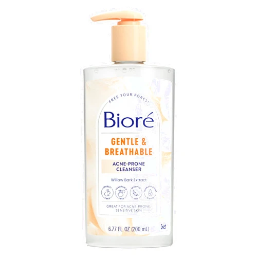 Bioré Biore Gentle & Breathable Acne Face Wash, Gentle Face Cleanser for Sensitive and Acne Prone Skin, Infused with Willow Bark Extract to Clarify Skin, Fragrance Free, 6.77 Oz