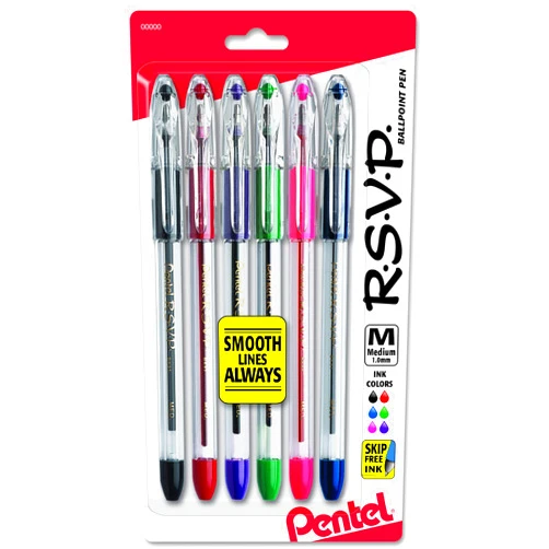 Pentel R.S.V.P. Ballpoint Pen, Medium Line, Assorted Ink, 6 Pack (BK91BP6M)