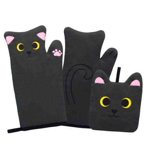 NIGOWAYS Oven Mitts,Cute Cat Design Cooking Glove,Quilted Cotton Lining,Heat Resistant Oven Mitts and Pot Holders Sets for Baking,Microwave,Cute Oven Mitts Gift for Mom,Housewarming(Black)