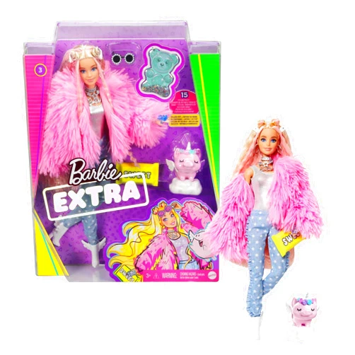 Barbie Extra Doll & Accessories with Pink-Streaked Blonde Crimped Hair in Fluffy Pink Coat with Pet Unicorn-Pig