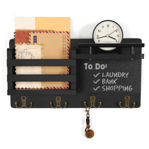 Lucundm Key Holder for Wall, Mail Holder Organizer Wall Mount with Chalkboard and Shelf, Key Hanger Rack with 4 Dual Hooks for Coat Dog Leash, Farmhouse Entryway Decor (Black)