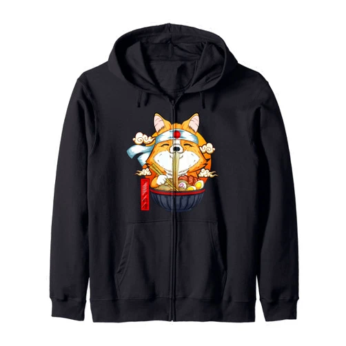 Kawaii Japan Anime Gifts Ramen Kawaii Corgi Puppy Japanese Noodles Anime Gift Zip Hoodie