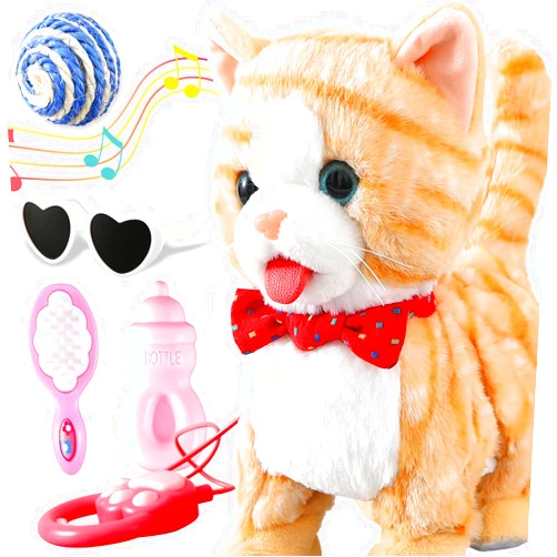 HCdoujoy Yellow Pattern Leash Walking Cat Set Interactive Talking Toy Singing Dancing Kitten Mimicking Repeat What You Say Kitty Touch and Voice Control Nodding Wagging Tail Plush Electric Robot for Kid Girl
