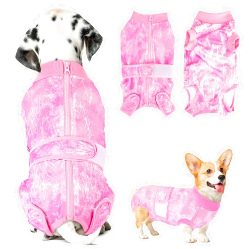 Lukovee Recovery Suit for Dogs, Zipper On Recovery Suit for Female Male Dog, Onesie Abdominal Wounds Cone E-Collar Alternative Prevent Licking Spay Recovery Suit (Small, Pink Tie-dye)