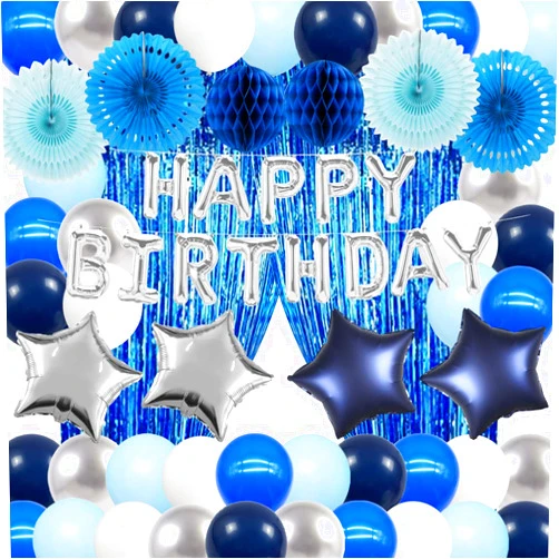 BEAUTY OF PARTY Blue Birthday Decorations Navy Blue Party Supplies Silver Happy Birthday Banner Blue Balloons Foil Fringe Curtain Bday Decor Men Women Boys Girls 13th Sweet 16 18th 21st 25th 30th 40th 50th 60th 70th