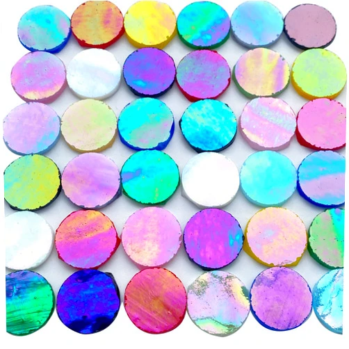 PALJOLLY Iridescent Round Circle Glass Mosaic Tiles 125 Pieces, Stained Glass Supplies for Crafts, Stained Glass Kit for Mosaics, Multi Magic Iridizing Rainbow Colors