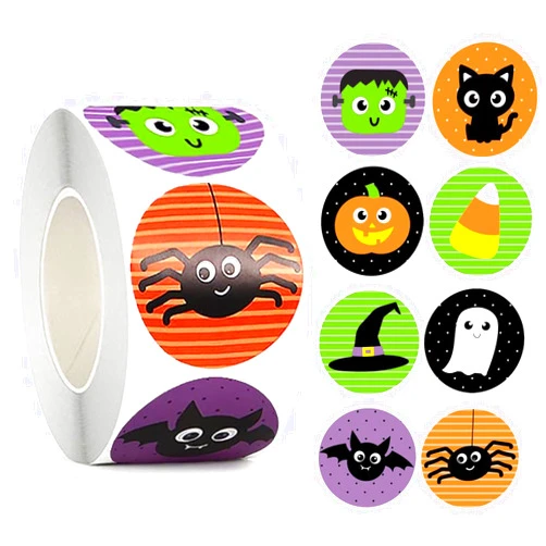 BAINFE 500PCS Halloween Stickers for Kids, Stickers for Treat Bags, Halloween Bat Spider Pumpkin Stickers Roll Holiday Stickers, Halloween Stickers for Adults, 8 Vibrant Colors and Designs