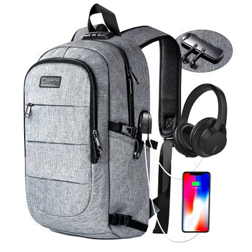 Tzowla Laptop Backpack for unisex,Anti Theft Water Resistant Travel Work Backpack with USB Charging and Lock 15.6 Inch Computer Bag, Grey