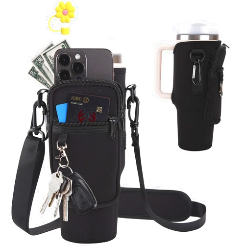 JDMYCYCQXF Water Bottle Holder with Strap for Stanley 40 30 Oz Tumbler with Handle,Water Bottle Carrier Bag with Phone Pocket and Sling,Stanley Cup Accessories or Hiking Travelling Camping