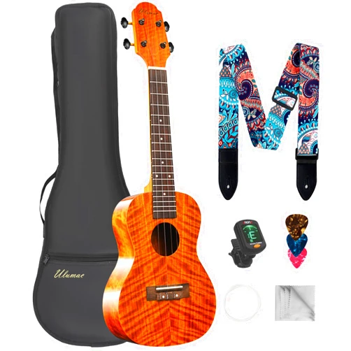 Ulumac Concert Ukulele, KOA Acacia Wood 23 inch Adults kids Professional Ukelele for Beginners, Hawaiian Ukele Kit with Carbon String, Tuner, Gig Bag, Strap, Guitar Picks, Cleaning Cloth, Folk Style