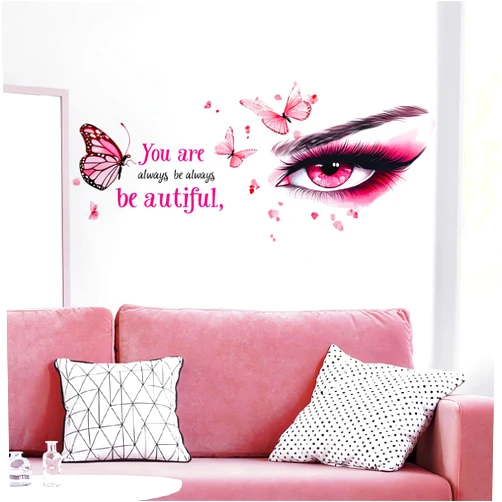 Sacinora Pink Eyelash Eyes Butterfly Wall Stickers, sacinora Inspirational Quotes Wall Decals Removable Vinyl Peel and Stick for Girl Kids Women Living Room Bedroom Nursery Art Home Decorations