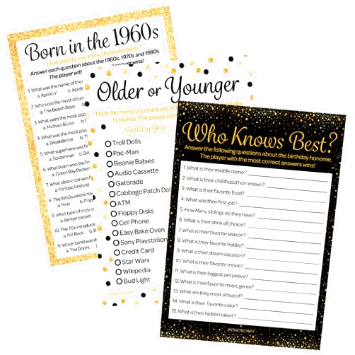 DISTINCTIVS Birthday Party Games - Born in The 1960s Black and Gold Birthday Game Bundle - 55th or 60th Birthday - Set of 3 Games for 20 Guests