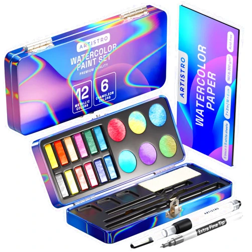 ARTISTRO Metallic Watercolor Paints Set of 18, Including 12 Metallic Glitter Watercolor and 6 Chameleon Colors. Perfect Travel Watercolor Set for Artists, Amateur Hobbyists and Painting Lovers.