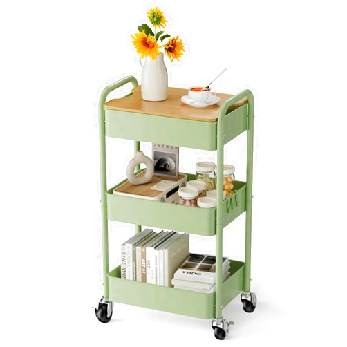 Johgee 3 Tier Rolling Cart with Table top, Metal Rolling Utility Cart, Sturdy Storage Organizer Cart with Locking Wheels & Hooks for Office, Classroom, Kitchen and Bathroom