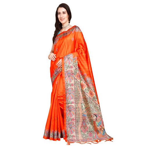 RANI SAAHIBA Women's Printed Art Tussar Silk Madhubani Saree With Blouse Piece (SKR6713_Orange)