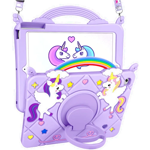 Uppuppy for iPad Mini 4/5 Case 7.9 Inch - Cute Girls Kawaii Cover Girly 3D Cartoon Teen with Rotating Stand & Strap Purple Soft Silicone Cases for Apple for iPad Mini 5th/4th Gen Cases 2019 2015
