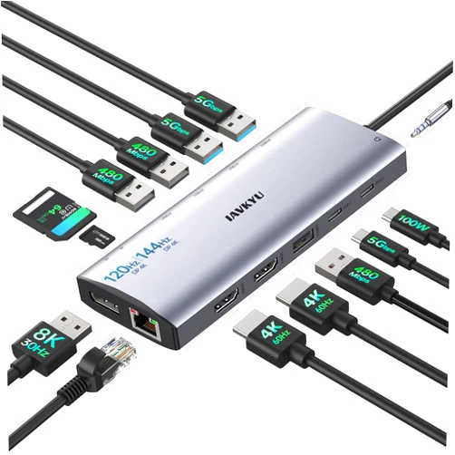 IAVKYU USB C Docking Station Dual Monitor, 14-in-1 USBC HUB USB Adapter, Triple Monitor for Laptop with 4K HDMI & DP, Single 8K Support with RJ45 Ethernet, 5USB, PD, SD/TF & Audio Jack - Laptop Accessories