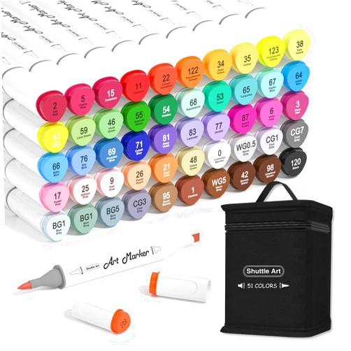 Shuttle Art Alcohol Markers Brush Tip, Dual Tip Brush & Chisel Tip Art Marker Set, 50 Colors plus 1 Blender Permanent Marker Pens with Case Perfect for Illustration Students Adults Coloring