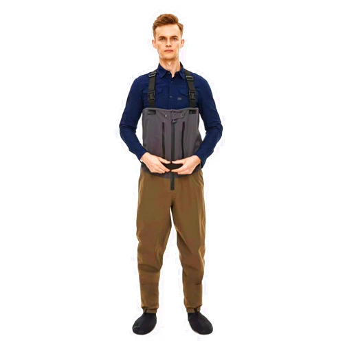 FANGBLUE Fishing Waders Zip-Front Chest Waterproof Zippered Stockingfoot Grey Waders Welded Seams Upstream Wading Gear for Hunting