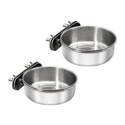 DVHEY 2 Pcs Small Bird Feeding Dish Cups,Parrot Food Bowl Cage with Clamp Holder Stainless Steel,Birdcage Coop Water Feeder for Cockatiel Parakeet Macaw Finches Lovebirds Small Animals (2 Pack, Small)