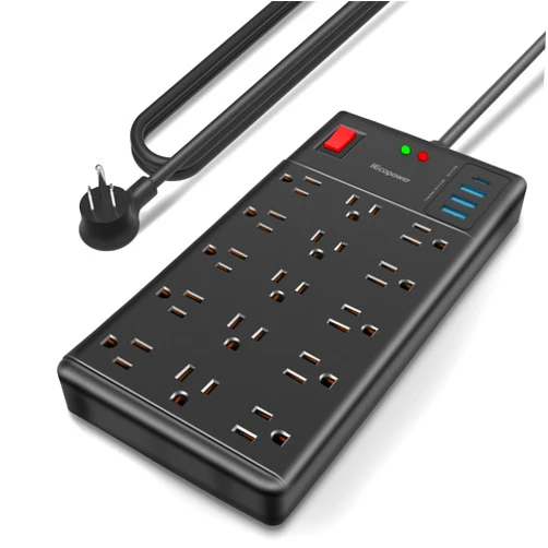 IECOPOWER Surge Protector Power Strip-15 Widely Spaced Outlets and 4 USB Ports(1 USB C Port),14 AWG Extension Cord,1875W/15A Heavy Duty Power Strip Surge Protector 5 ft Cord,2800J,Black