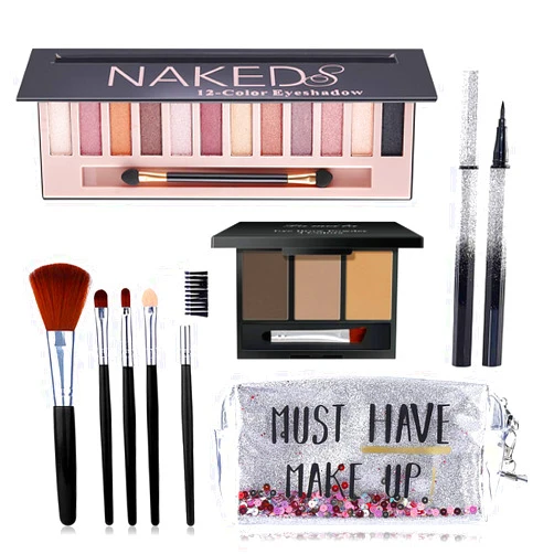 NUIBO All in One Makeup Kit, Includes 12 Colors Naked Eyeshadow Palette, 5Pcs Makeup Brushes, Waterproof Eyeliner Pencils, Eyebrow Powder and Quicksand Cosmetic Bag, Gift Set for Women, Girls & Teens