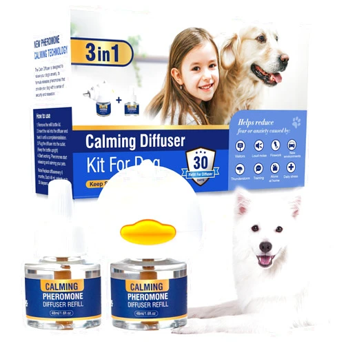 TTIXRL 3 in 1 Dog Pheromones Calming Diffuser Tasteless Pet Appeasing Pheromone Diffuser to Calm Kit for Relieve Separation Anxiety Stress Barking Fighting 60 Day Supply (Plug in+ 2 Pack 48ml Refill)