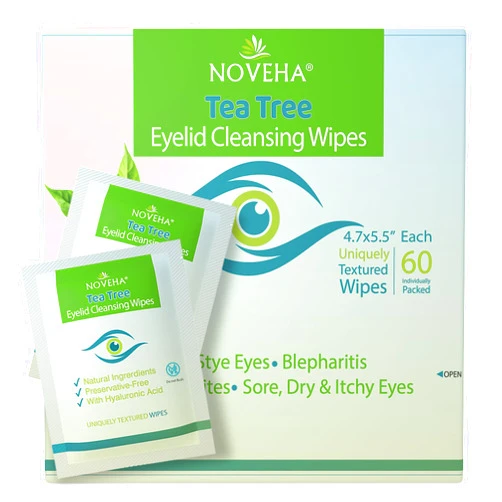 NOVEHA 60PCs Tea Tree Oil Eyelid & Lash Wipes | With Hyaluronic Acid, Green Tea & Chamomile For Blepharitis, Itchy & Stye Eyes, Individually Wrapped, Natural Eyelash Makeup Remover & Daily Cleanser