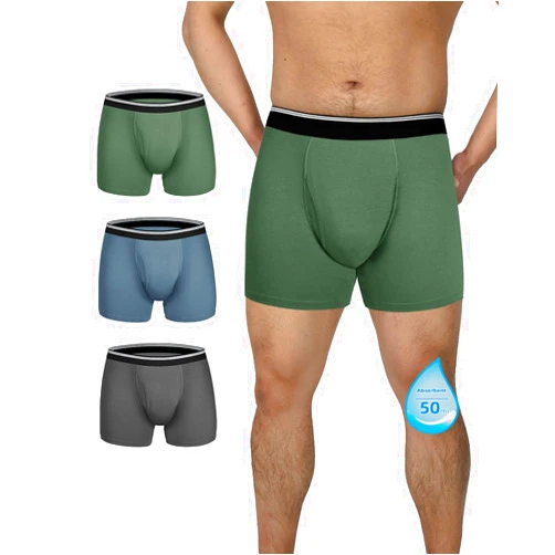 TIICHOO Mens Incontinence Boxer Briefs Washable Leak Proof Underwear for Men Soft Reusable Incontinence Underwear 3 Pack(Dark Grey/Green/Blue, 3X-Large)