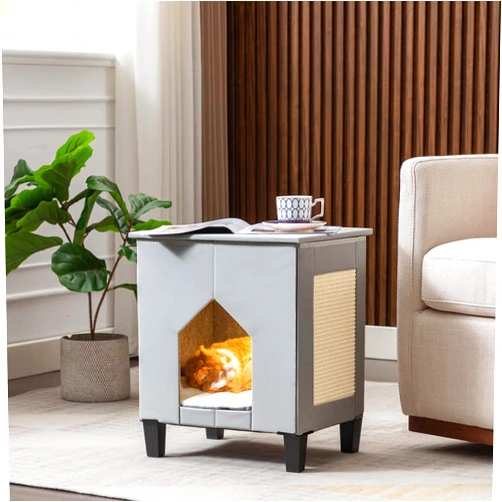 NUROMY Cat House for Indoor Cats Condo,Cat Furniture with Large Area Cat Scratch Pad Cat Hideaway Cave,Leather Cat Bed Side Table & Nightstand for Living Room and Bedroom Decoration,Grey