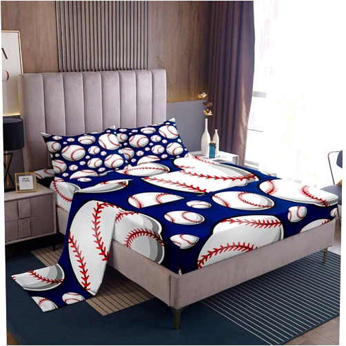 Feelyou Baseball Sheet Set Sports Theme Bedding Set for Kids Boys Girls Teens 3D Blue Ball Pattern Bed Sheets Breathable Baseball Games Bed Sheet Set Room DecorBed Set Twin Size