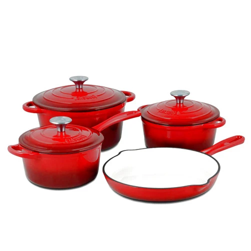 Basque Enameled Cast Iron Cookware Set (Rouge Red), 7-Piece Set, Nonstick, Oversized Handles, Oven Safe; 10.25